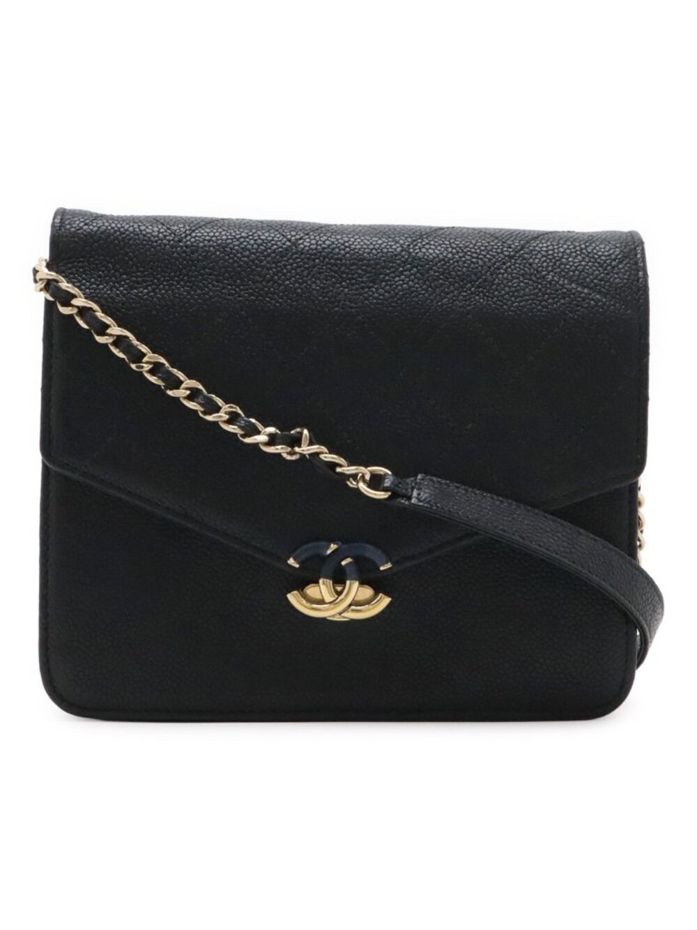 Chanel Quilted Chain Wallet Shoulder Bag Pochette Caviar Leather Black Gold